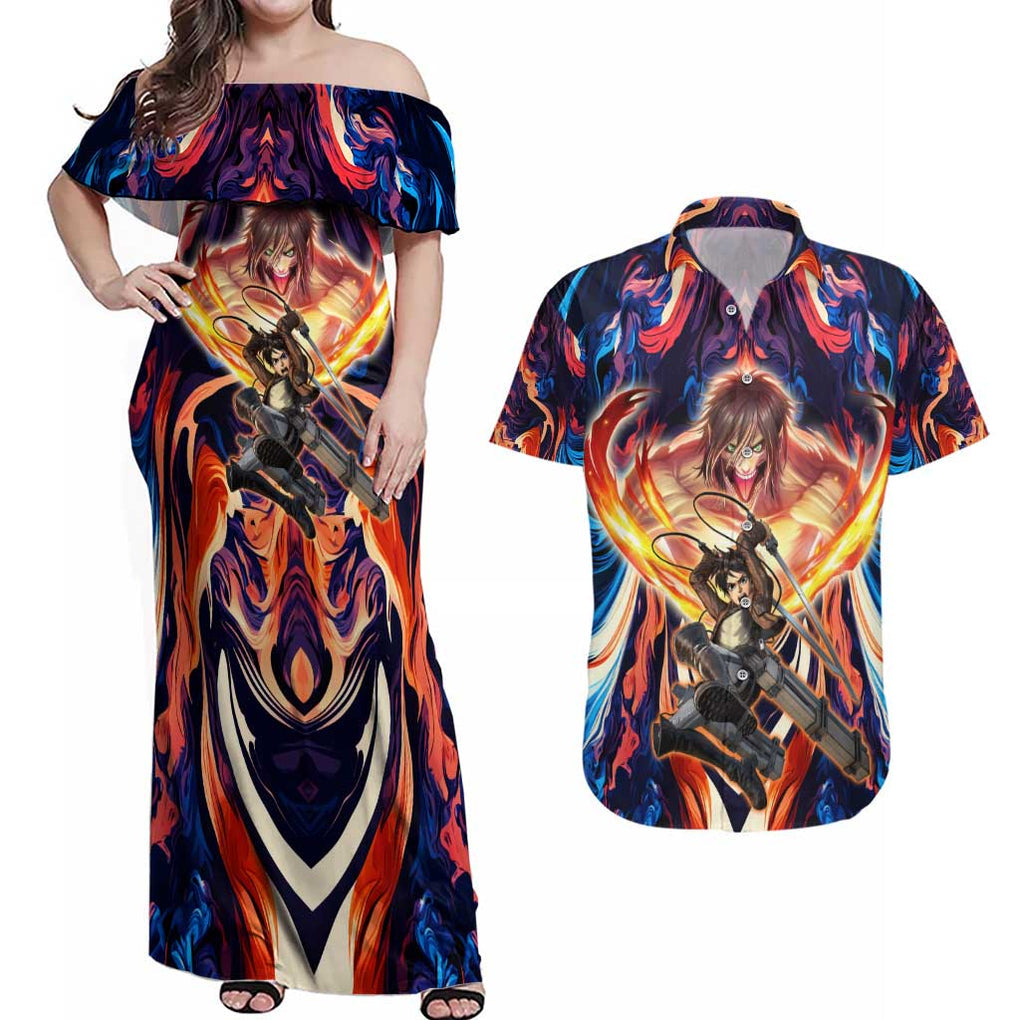 Trippy Eren Yeager Attack on Titan Couples Matching Off Shoulder Maxi Dress and Hawaiian Shirt Trippy Style