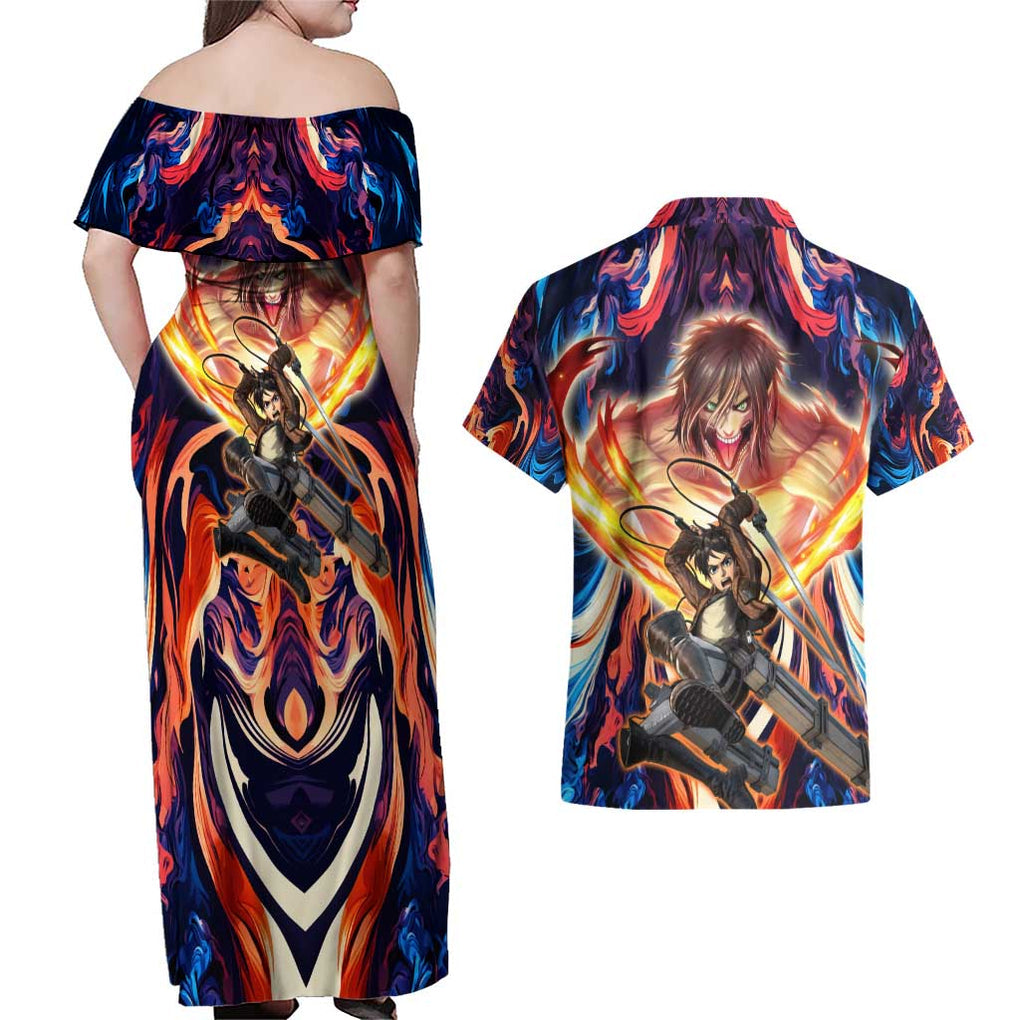 Trippy Eren Yeager Attack on Titan Couples Matching Off Shoulder Maxi Dress and Hawaiian Shirt Trippy Style