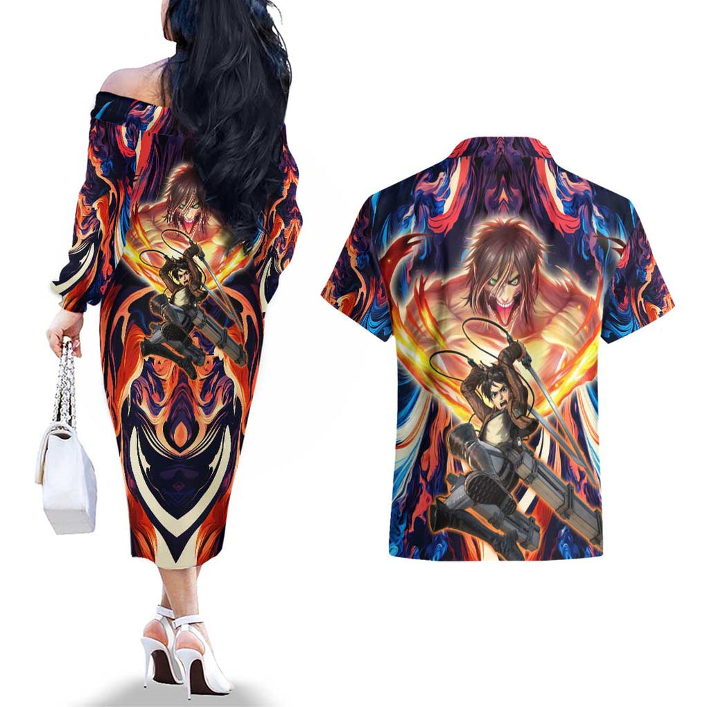 Trippy Eren Yeager Attack on Titan Couples Matching Off The Shoulder Long Sleeve Dress and Hawaiian Shirt Trippy Style