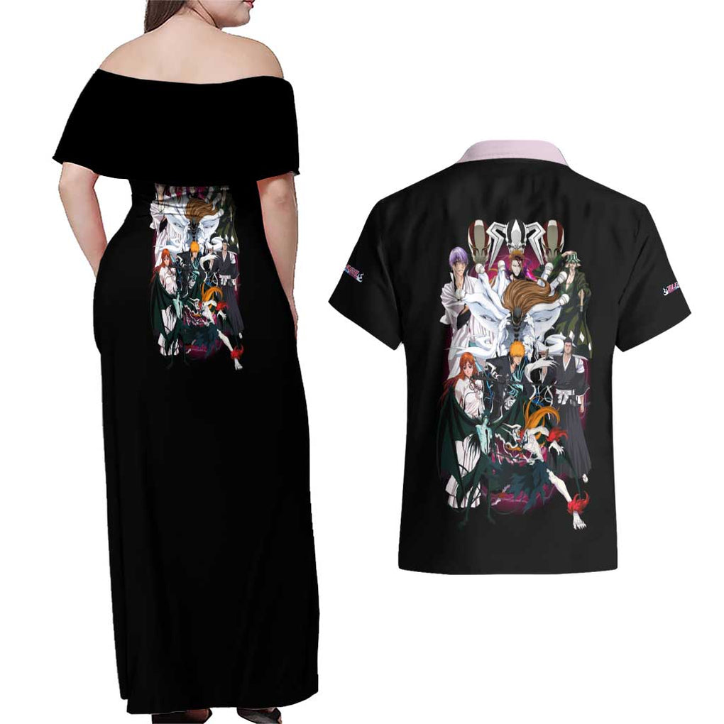 Arrancar Invasion Bleach Couples Matching Off Shoulder Maxi Dress and Hawaiian Shirt Japan Anime Style