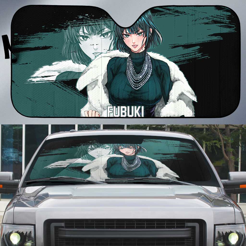 Fubuki One Punch Man Anime Teal and Black Theme Auto Sun Shade with Elegant Psychic Pose and Cool Urban Style - The Mazicc