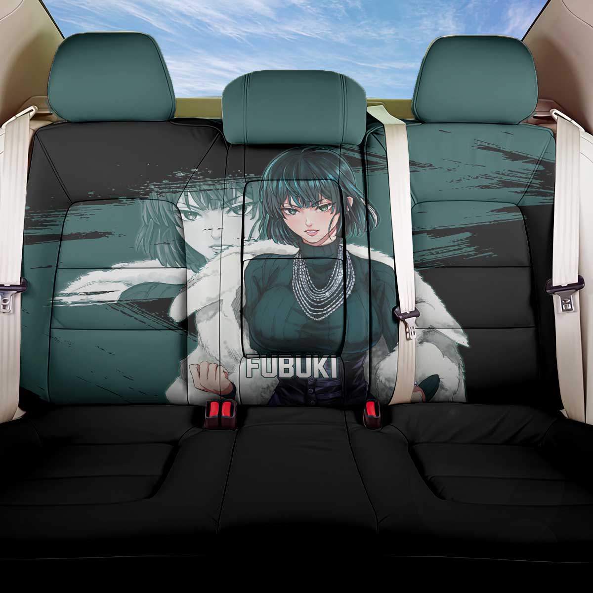 Fubuki One Punch Man Anime Teal and Black Theme Back Car Seat Cover with Elegant Psychic Pose and Cool Urban Style - The Mazicc