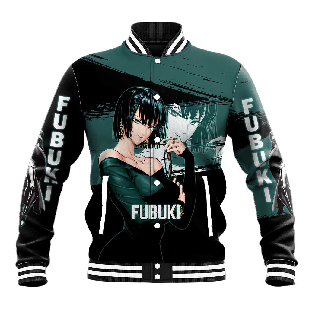 Fubuki One Punch Man Anime Teal and Black Theme Baseball Jacket with Elegant Psychic Pose and Cool Urban Style - The Mazicc