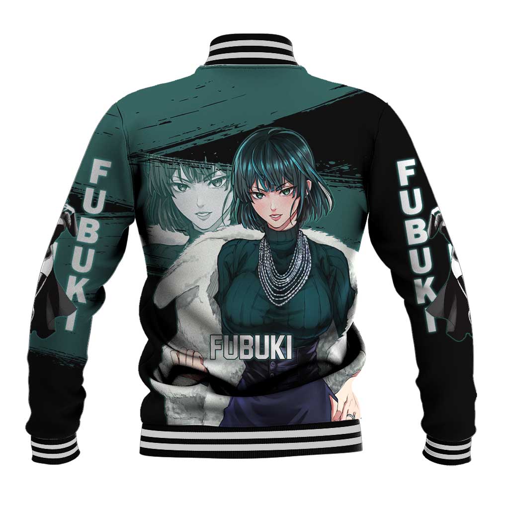 Fubuki One Punch Man Anime Teal and Black Theme Baseball Jacket with Elegant Psychic Pose and Cool Urban Style - The Mazicc