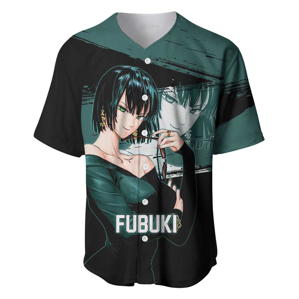 Fubuki One Punch Man Anime Teal and Black Theme Baseball Jersey with Elegant Psychic Pose and Cool Urban Style - The Mazicc