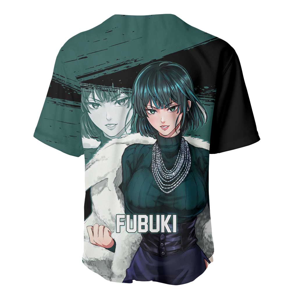 Fubuki One Punch Man Anime Teal and Black Theme Baseball Jersey with Elegant Psychic Pose and Cool Urban Style - The Mazicc