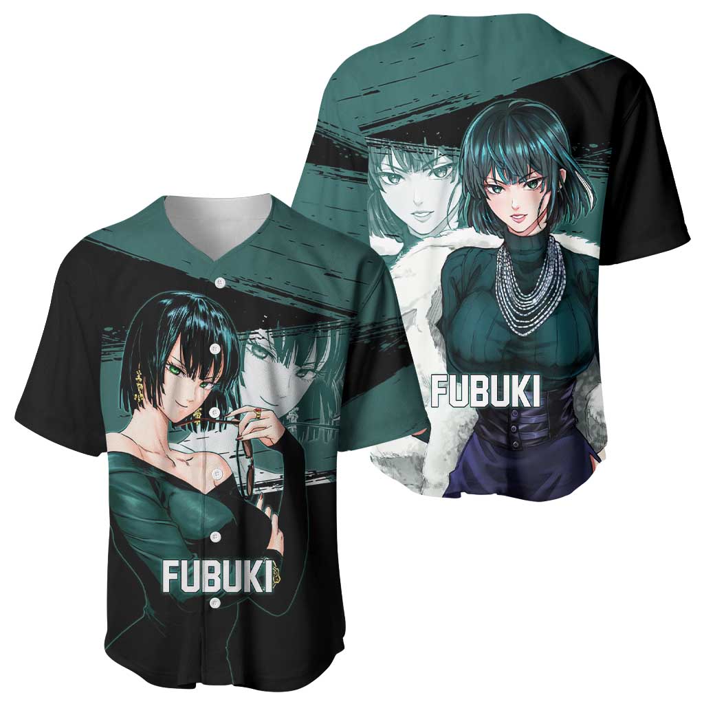 Fubuki One Punch Man Anime Teal and Black Theme Baseball Jersey with Elegant Psychic Pose and Cool Urban Style - The Mazicc