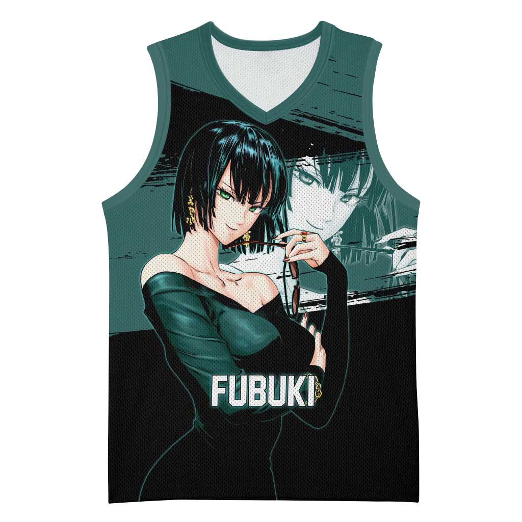 Fubuki One Punch Man Anime Teal and Black Theme Basketball Jersey with Elegant Psychic Pose and Cool Urban Style - The Mazicc