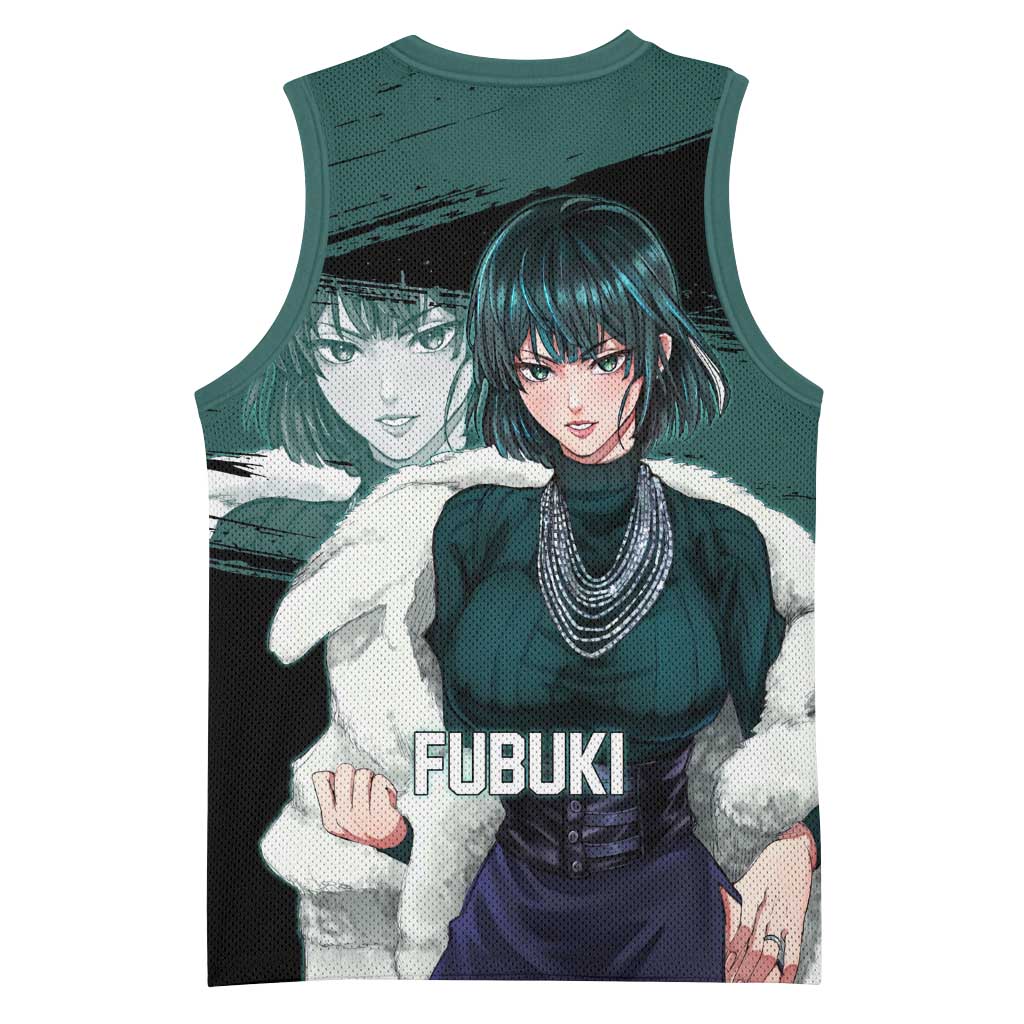 Fubuki One Punch Man Anime Teal and Black Theme Basketball Jersey with Elegant Psychic Pose and Cool Urban Style - The Mazicc