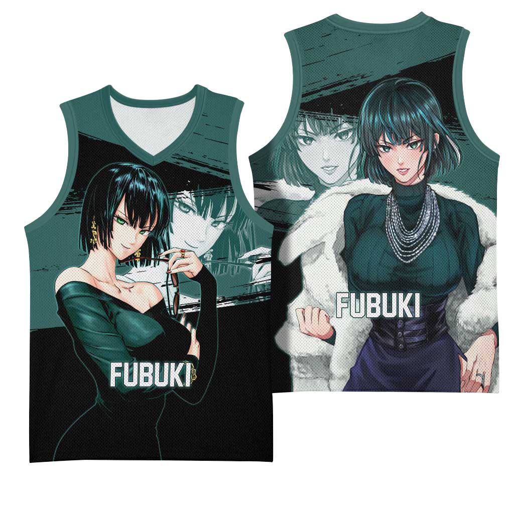 Fubuki One Punch Man Anime Teal and Black Theme Basketball Jersey with Elegant Psychic Pose and Cool Urban Style - The Mazicc