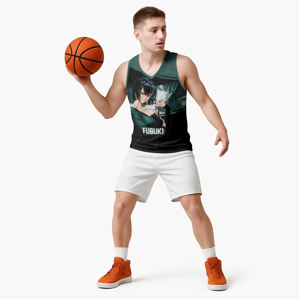 Fubuki One Punch Man Anime Teal and Black Theme Basketball Jersey with Elegant Psychic Pose and Cool Urban Style - The Mazicc