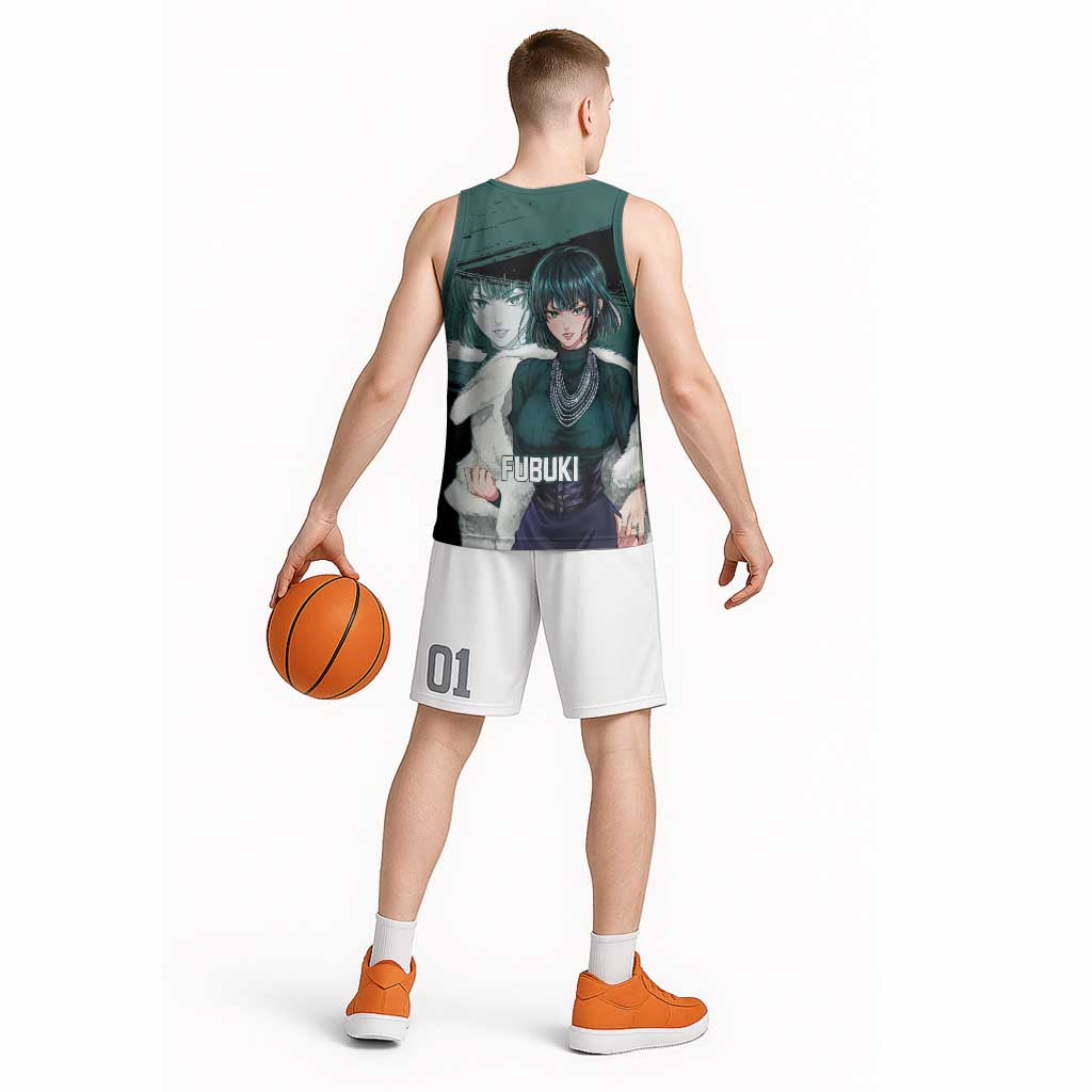 Fubuki One Punch Man Anime Teal and Black Theme Basketball Jersey with Elegant Psychic Pose and Cool Urban Style - The Mazicc