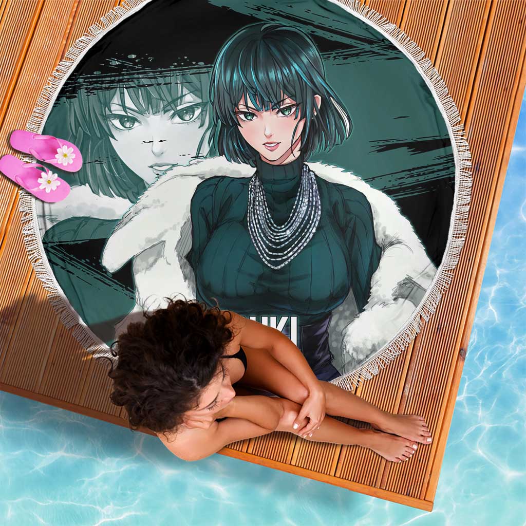 Fubuki One Punch Man Anime Teal and Black Theme Beach Blanket with Elegant Psychic Pose and Cool Urban Style - The Mazicc
