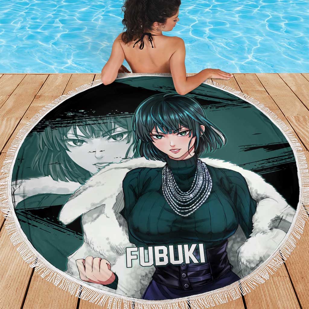 Fubuki One Punch Man Anime Teal and Black Theme Beach Blanket with Elegant Psychic Pose and Cool Urban Style - The Mazicc