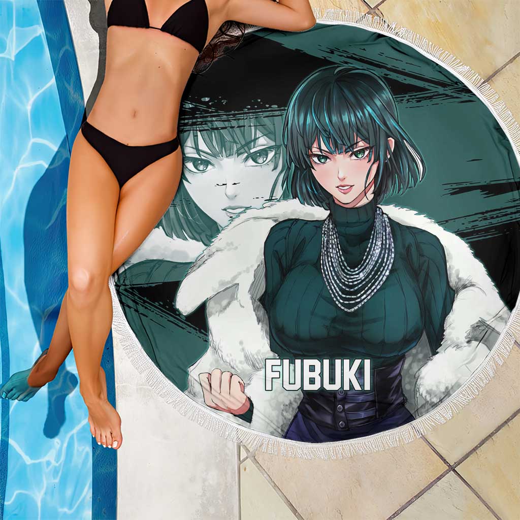 Fubuki One Punch Man Anime Teal and Black Theme Beach Blanket with Elegant Psychic Pose and Cool Urban Style - The Mazicc
