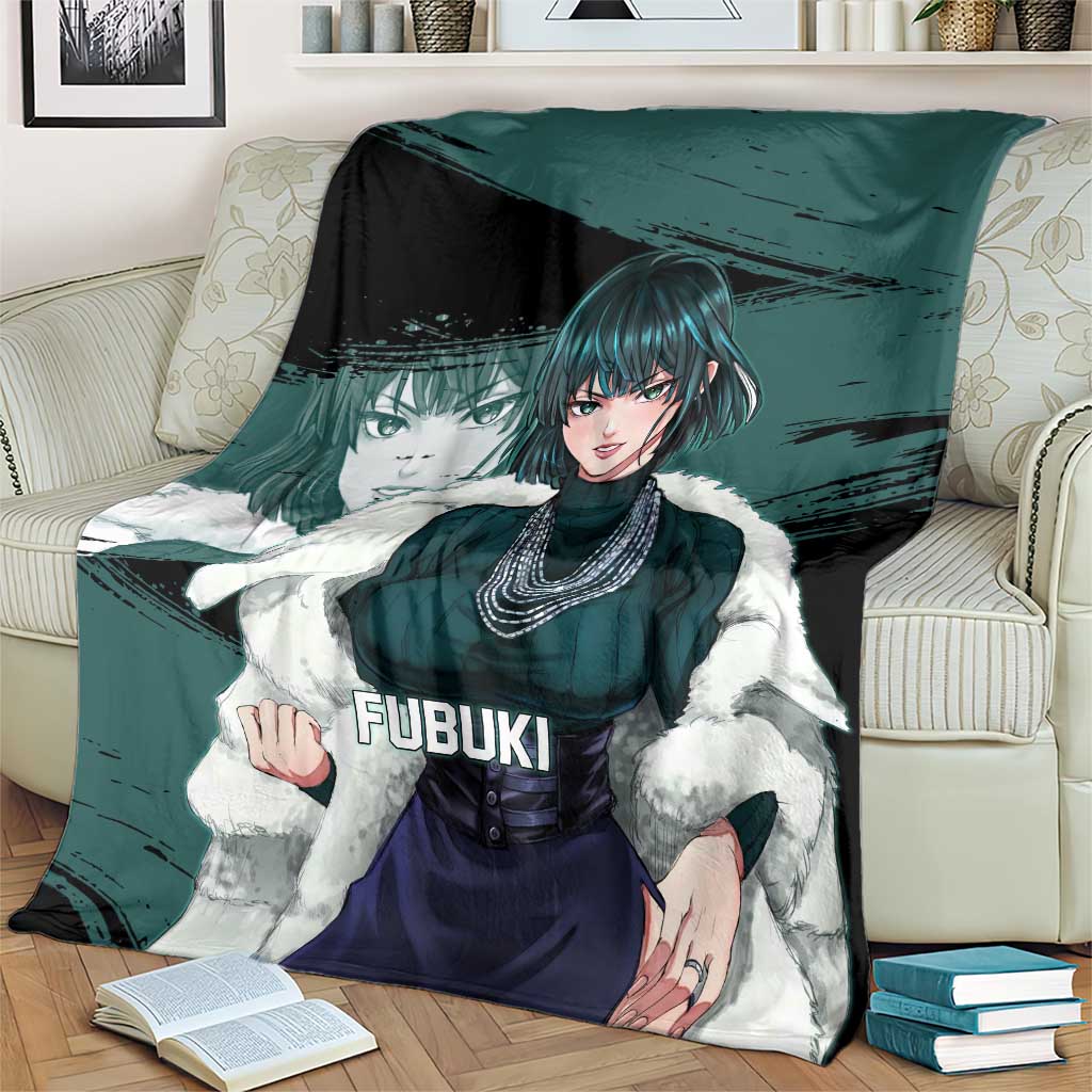 Fubuki One Punch Man Anime Teal and Black Theme Blanket with Elegant Psychic Pose and Cool Urban Style - The Mazicc
