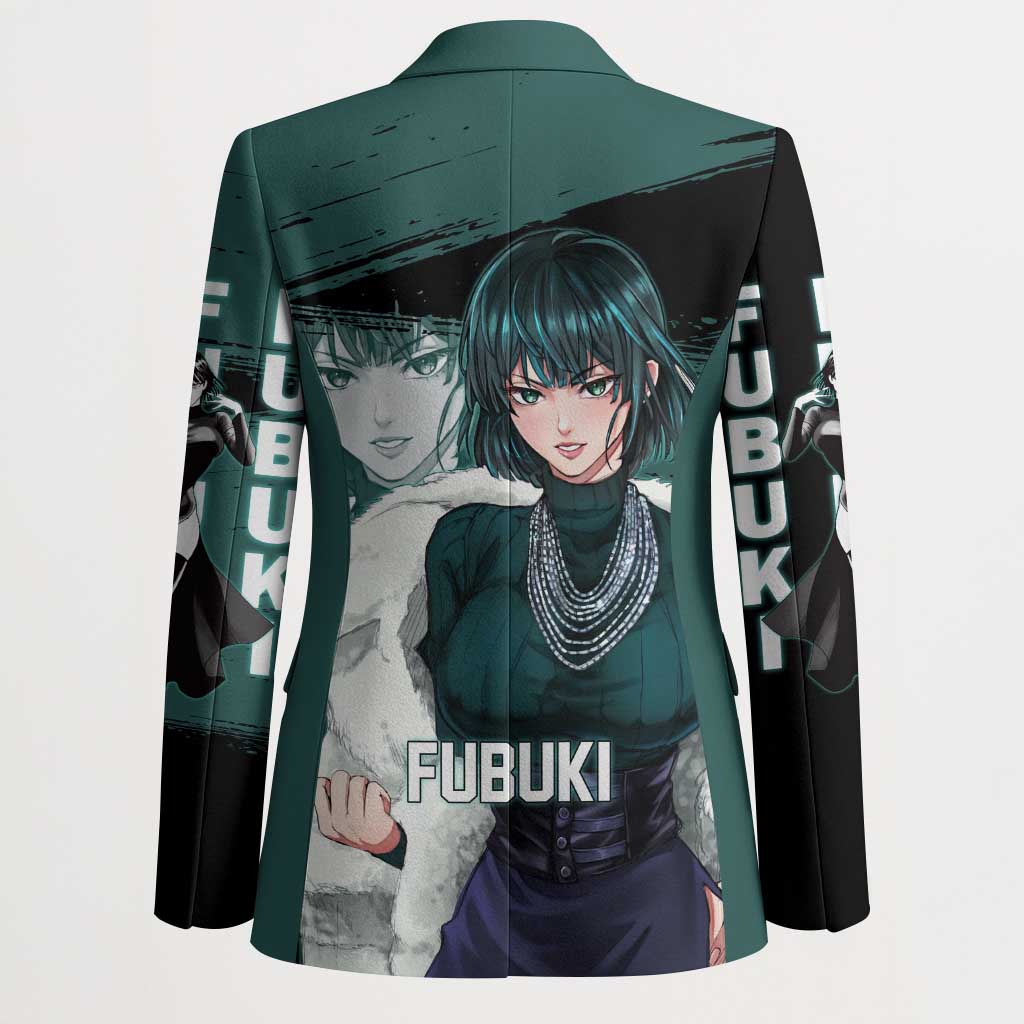 Fubuki One Punch Man Anime Teal and Black Theme Blazer with Elegant Psychic Pose and Cool Urban Style - The Mazicc