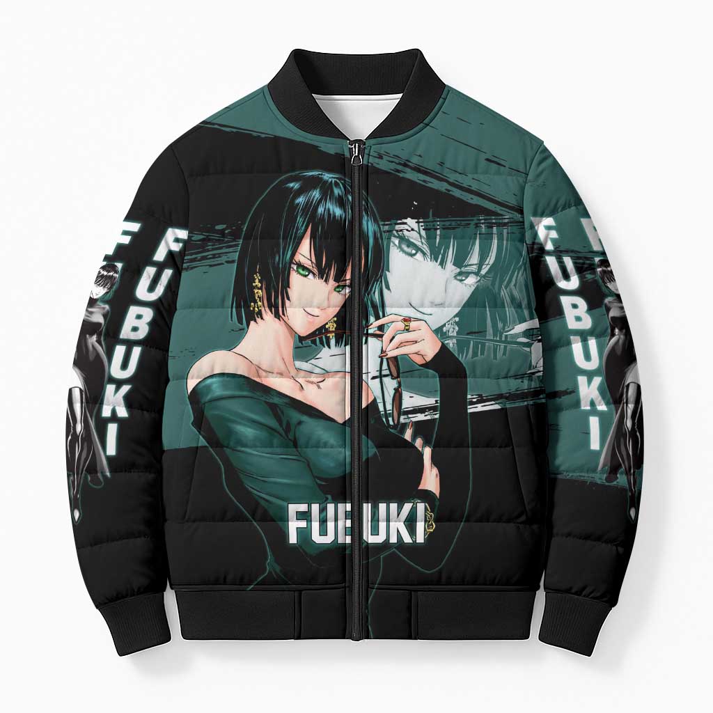 Fubuki One Punch Man Anime Teal and Black Theme Bomber Puffer Jacket with Elegant Psychic Pose and Cool Urban Style - The Mazicc