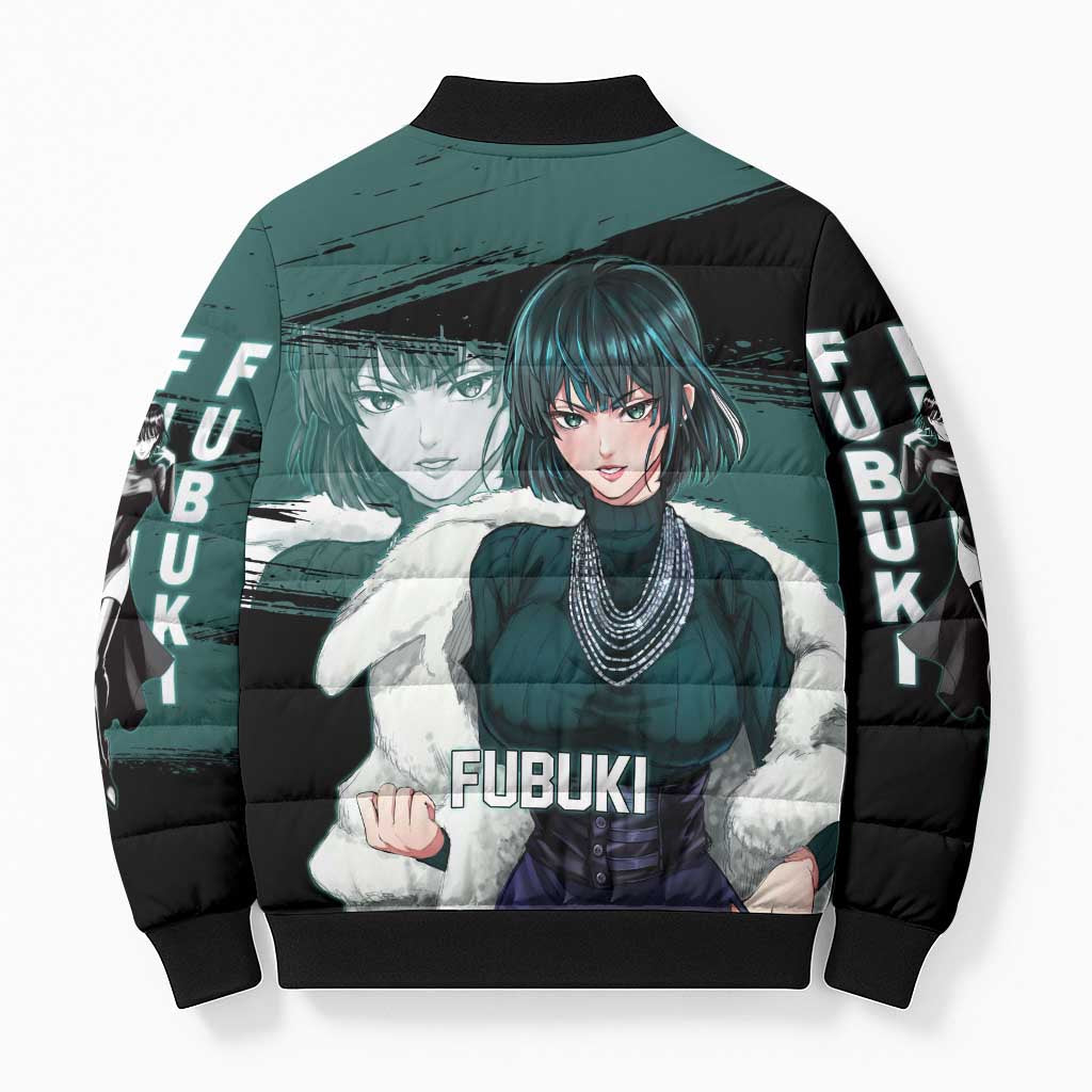 Fubuki One Punch Man Anime Teal and Black Theme Bomber Puffer Jacket with Elegant Psychic Pose and Cool Urban Style - The Mazicc