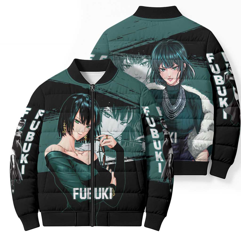 Fubuki One Punch Man Anime Teal and Black Theme Bomber Puffer Jacket with Elegant Psychic Pose and Cool Urban Style - The Mazicc