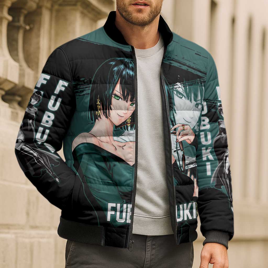 Fubuki One Punch Man Anime Teal and Black Theme Bomber Puffer Jacket with Elegant Psychic Pose and Cool Urban Style - The Mazicc
