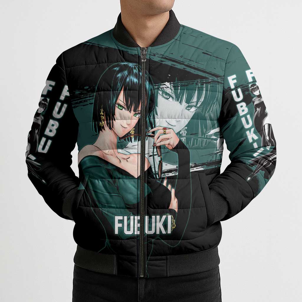 Fubuki One Punch Man Anime Teal and Black Theme Bomber Puffer Jacket with Elegant Psychic Pose and Cool Urban Style - The Mazicc