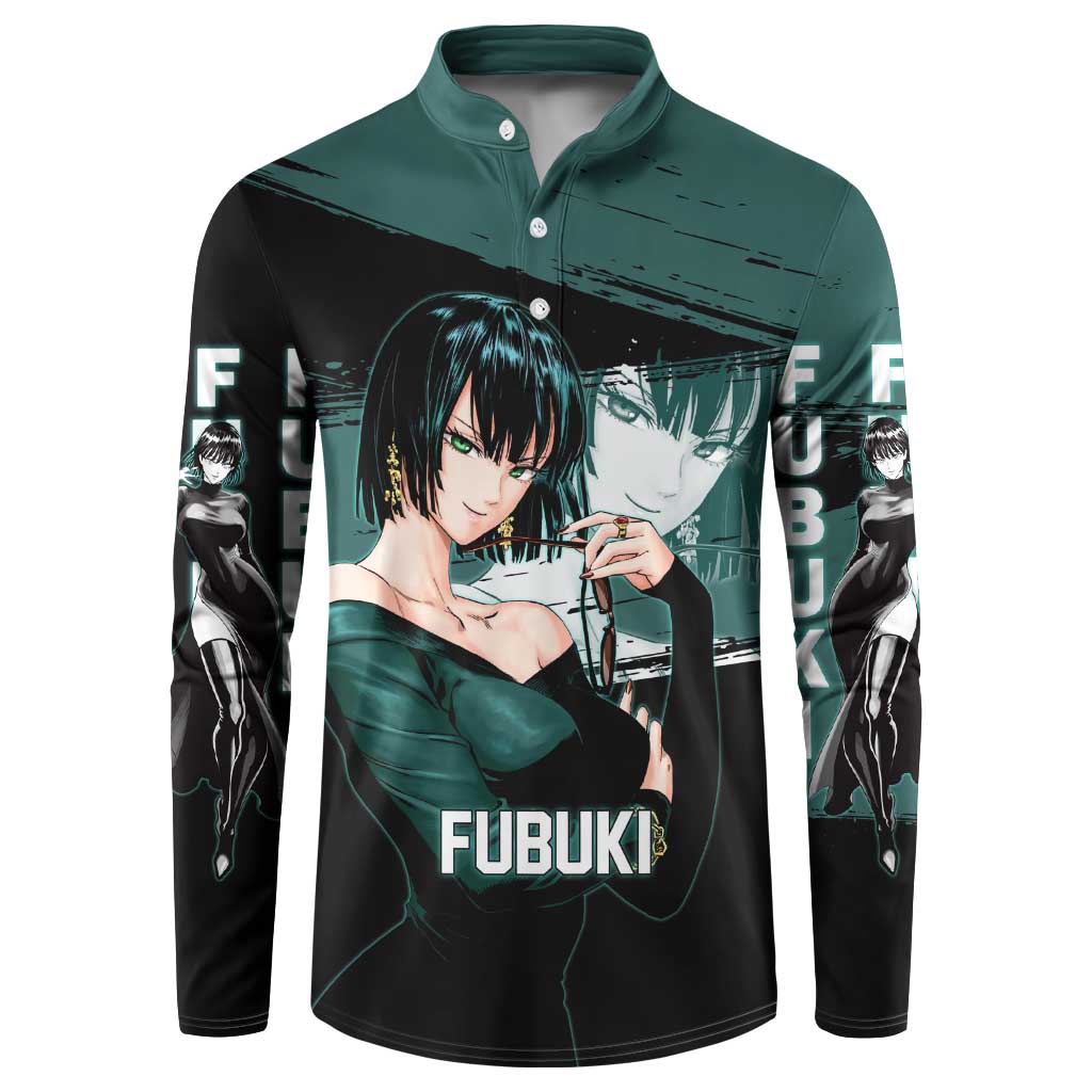 Fubuki One Punch Man Anime Teal and Black Theme Button Sweatshirt with Elegant Psychic Pose and Cool Urban Style - The Mazicc
