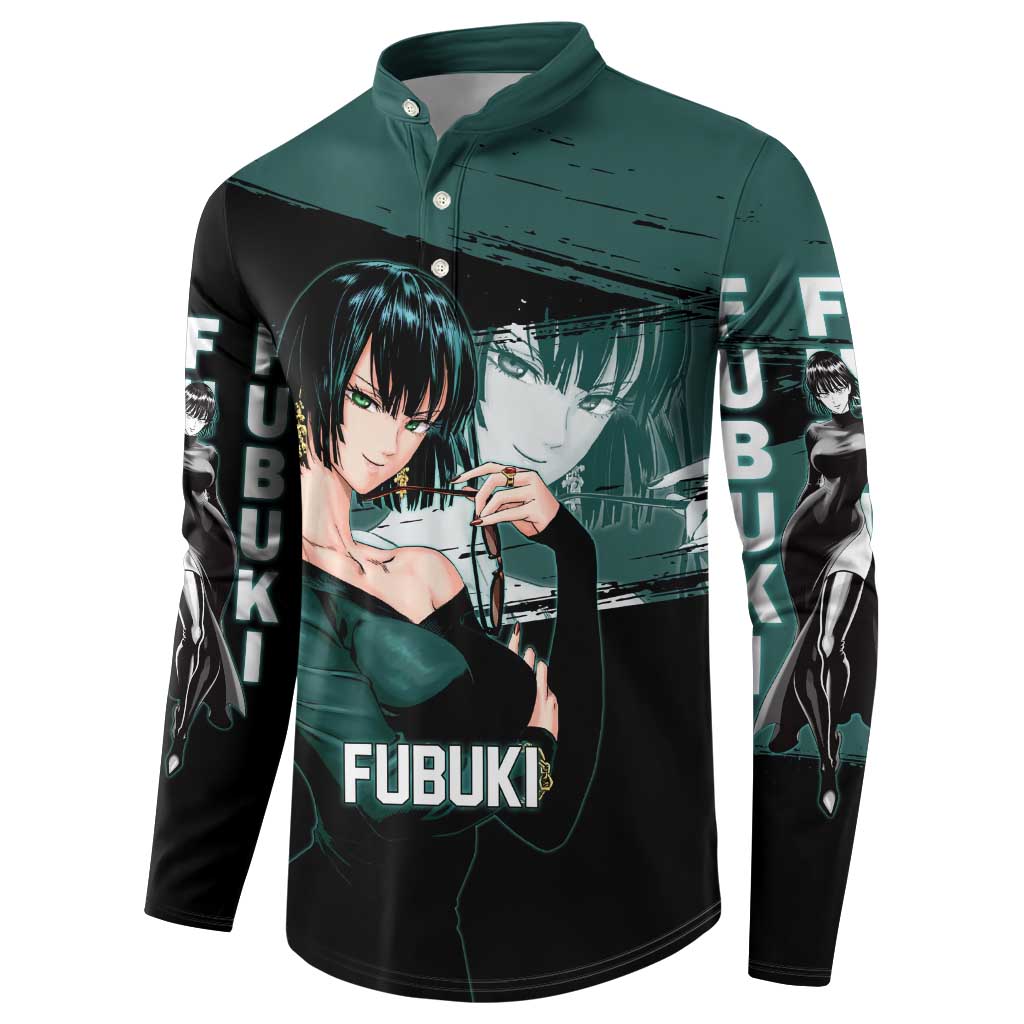 Fubuki One Punch Man Anime Teal and Black Theme Button Sweatshirt with Elegant Psychic Pose and Cool Urban Style - The Mazicc