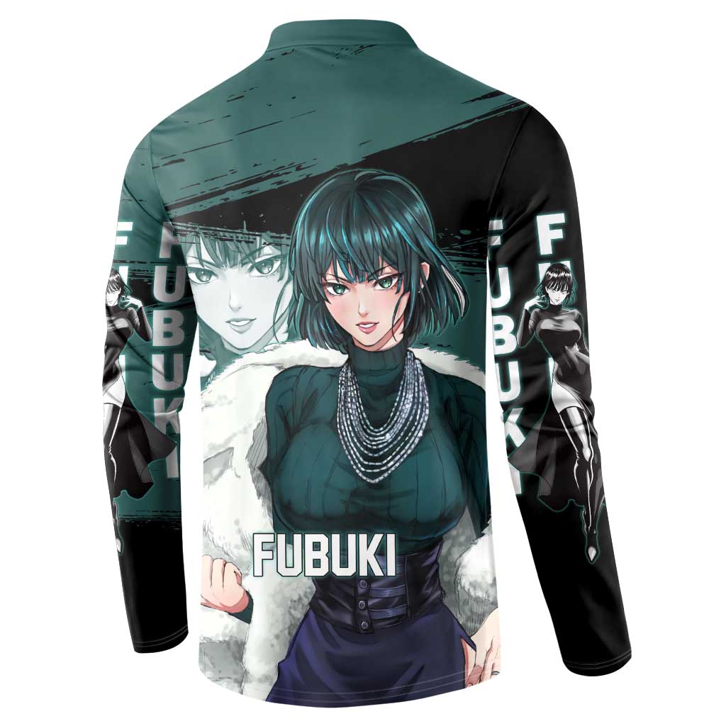 Fubuki One Punch Man Anime Teal and Black Theme Button Sweatshirt with Elegant Psychic Pose and Cool Urban Style - The Mazicc