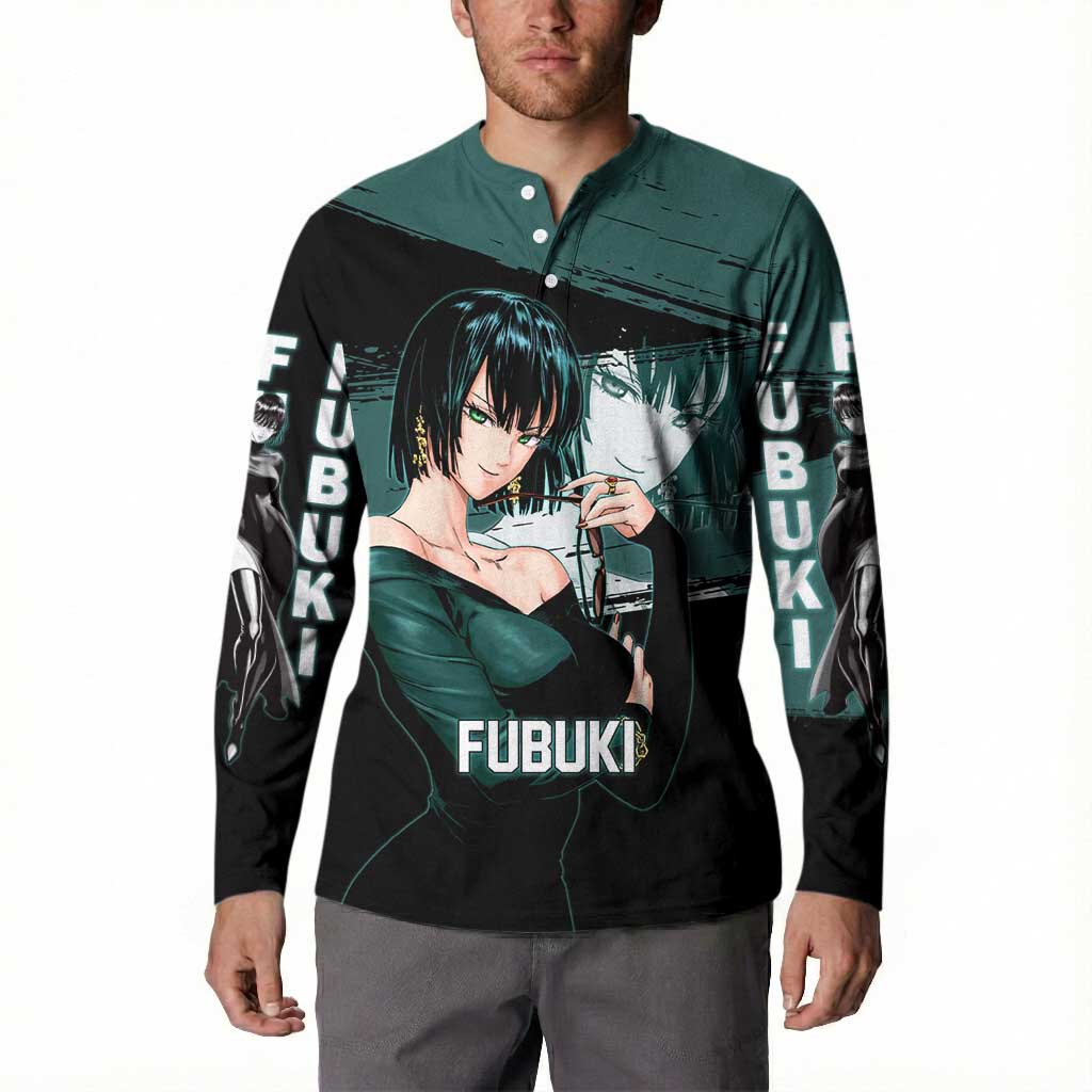 Fubuki One Punch Man Anime Teal and Black Theme Button Sweatshirt with Elegant Psychic Pose and Cool Urban Style - The Mazicc