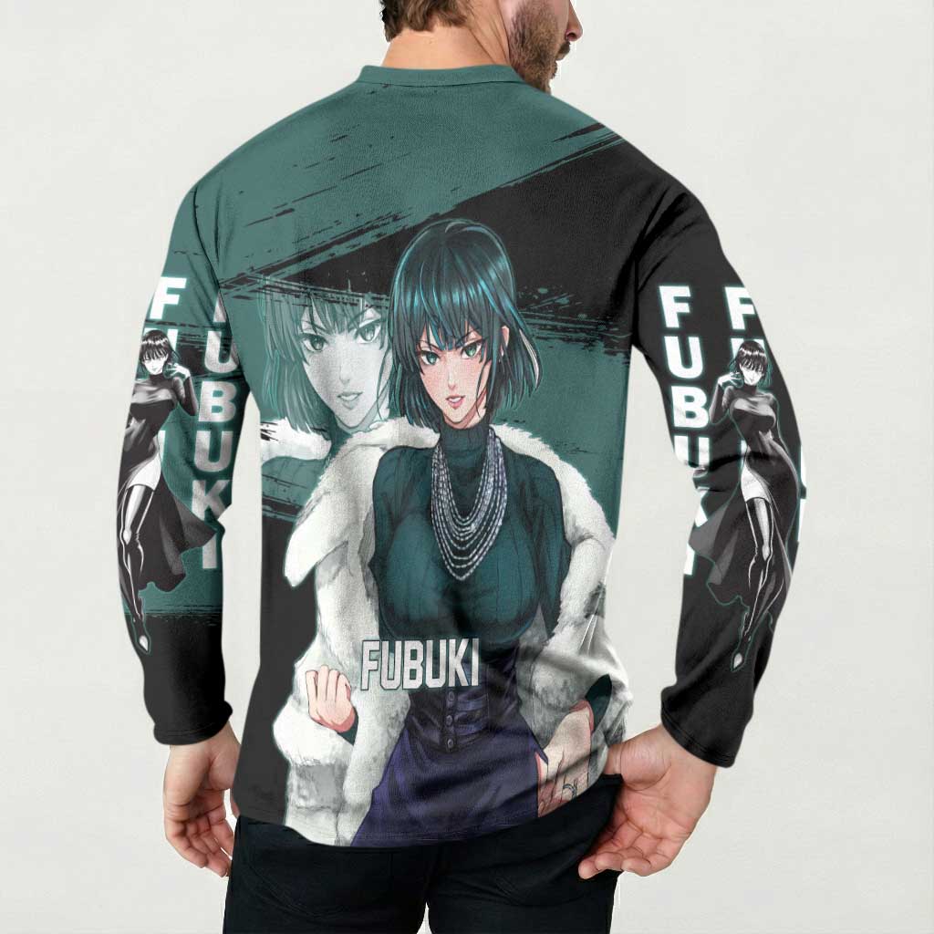 Fubuki One Punch Man Anime Teal and Black Theme Button Sweatshirt with Elegant Psychic Pose and Cool Urban Style - The Mazicc