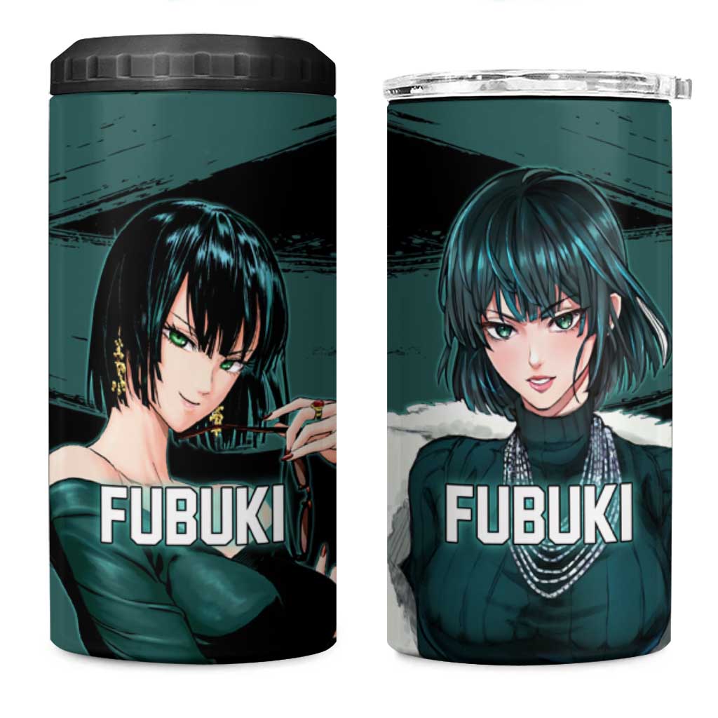 Fubuki One Punch Man Anime Teal and Black Theme 4 in 1 Can Cooler Tumbler with Elegant Psychic Pose and Cool Urban Style - The Mazicc