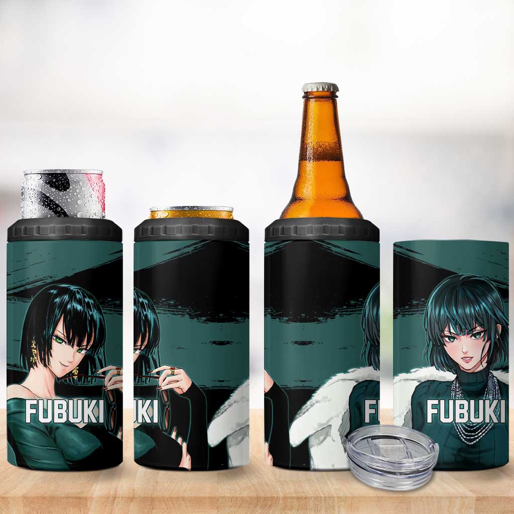 Fubuki One Punch Man Anime Teal and Black Theme 4 in 1 Can Cooler Tumbler with Elegant Psychic Pose and Cool Urban Style - The Mazicc