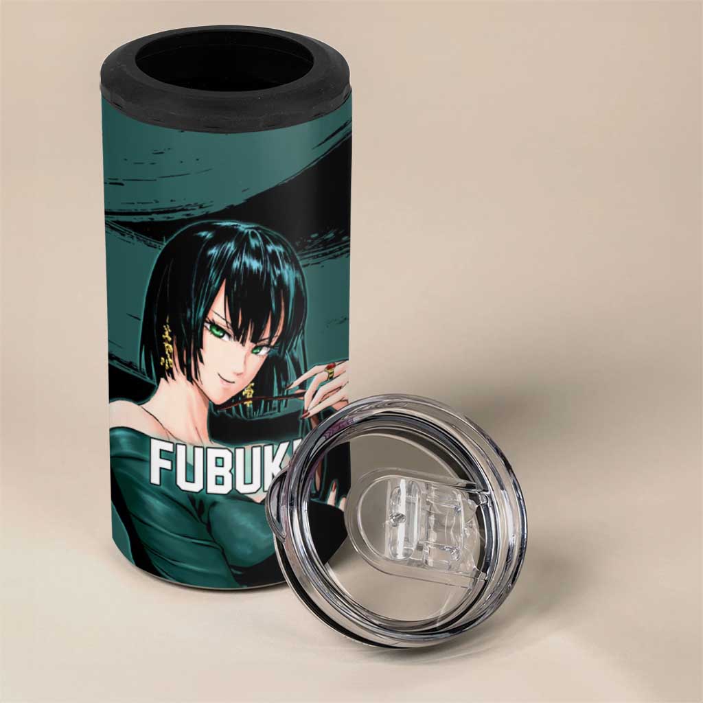Fubuki One Punch Man Anime Teal and Black Theme 4 in 1 Can Cooler Tumbler with Elegant Psychic Pose and Cool Urban Style - The Mazicc
