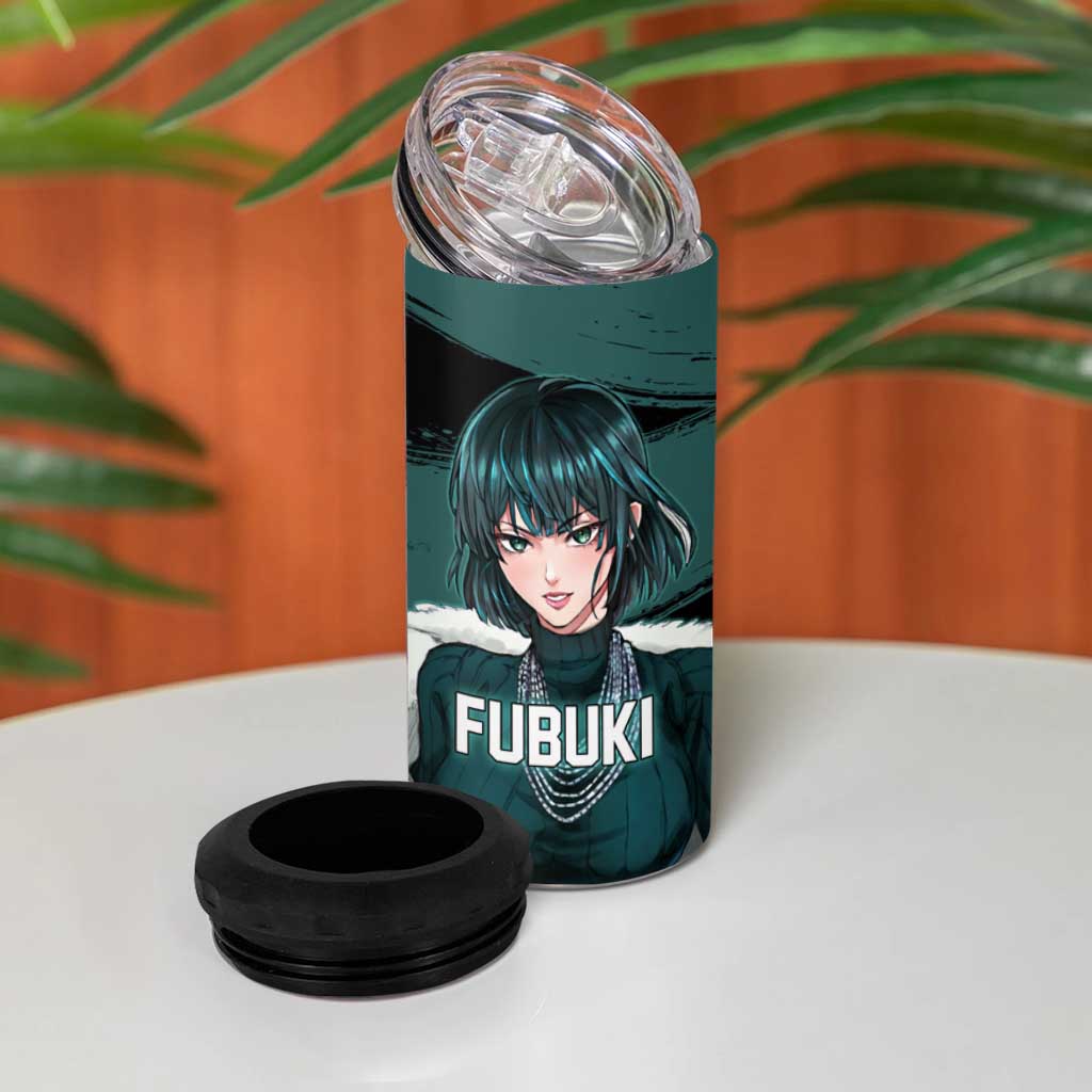 Fubuki One Punch Man Anime Teal and Black Theme 4 in 1 Can Cooler Tumbler with Elegant Psychic Pose and Cool Urban Style - The Mazicc