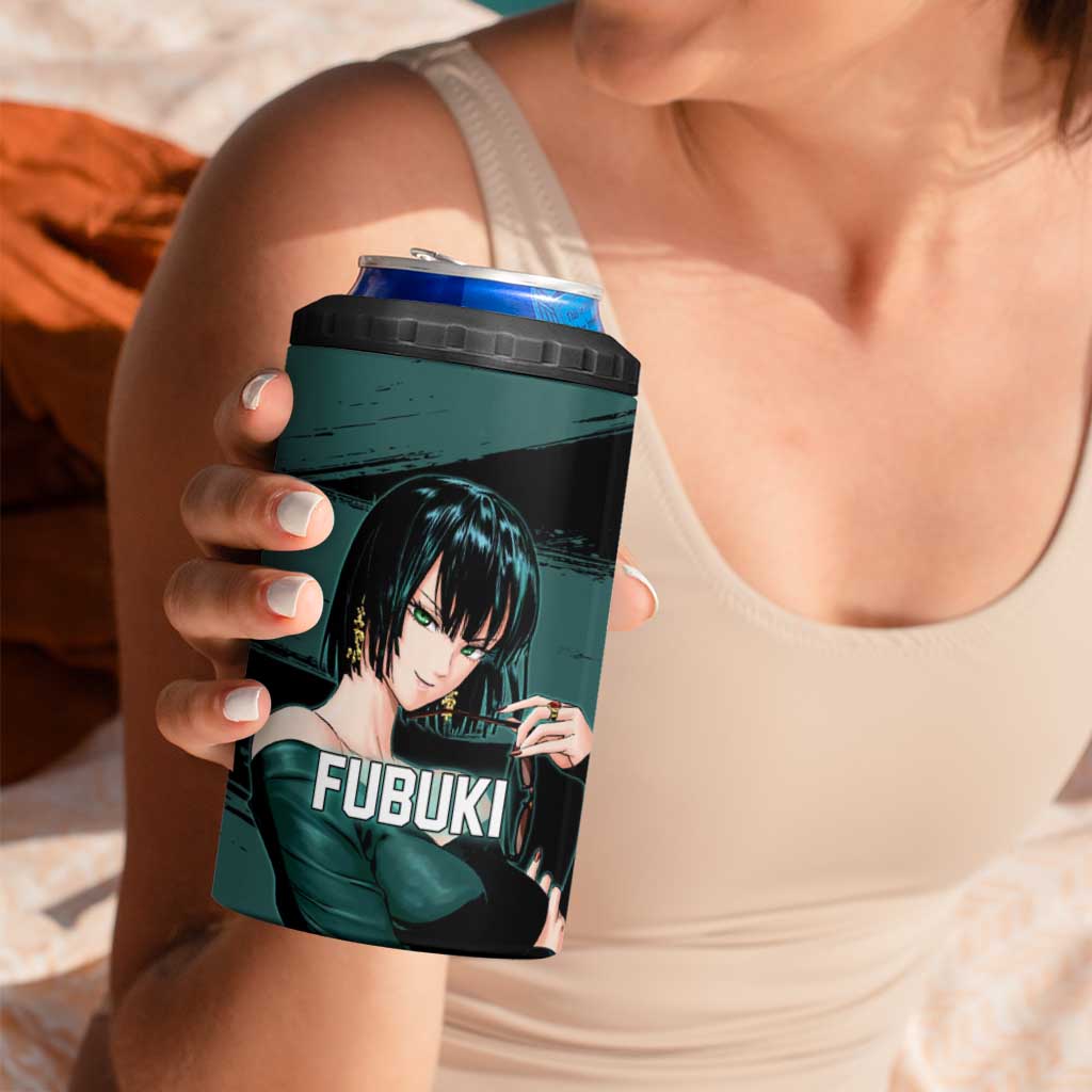 Fubuki One Punch Man Anime Teal and Black Theme 4 in 1 Can Cooler Tumbler with Elegant Psychic Pose and Cool Urban Style - The Mazicc