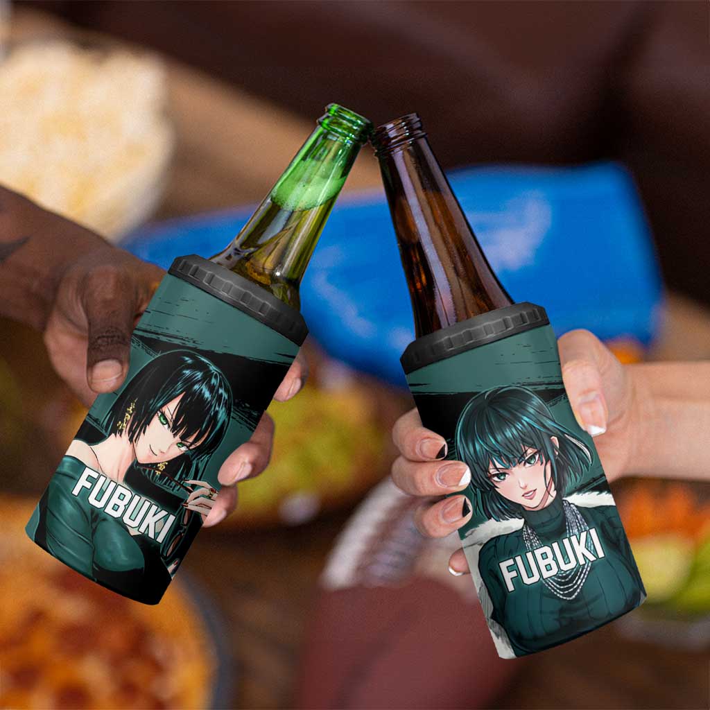 Fubuki One Punch Man Anime Teal and Black Theme 4 in 1 Can Cooler Tumbler with Elegant Psychic Pose and Cool Urban Style - The Mazicc