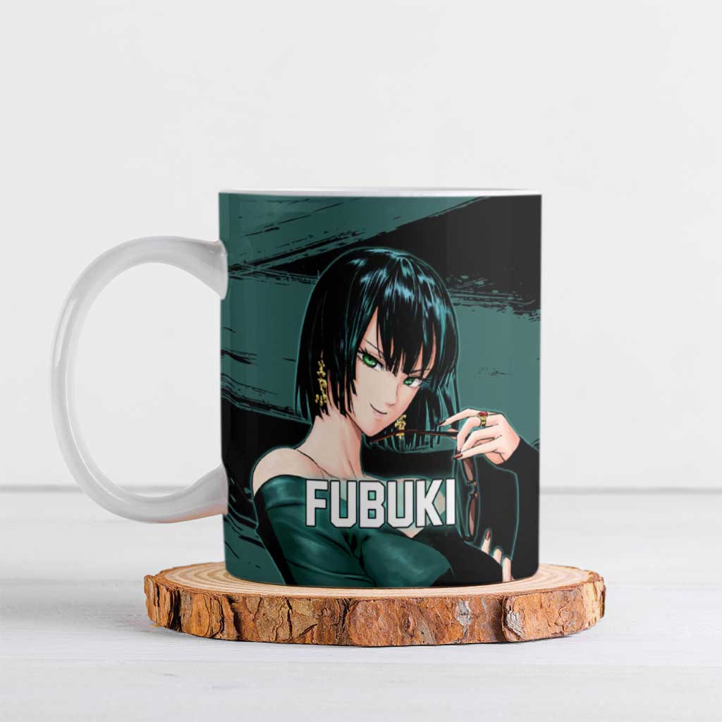 Fubuki One Punch Man Anime Teal and Black Theme Ceramic Mug with Elegant Psychic Pose and Cool Urban Style - The Mazicc