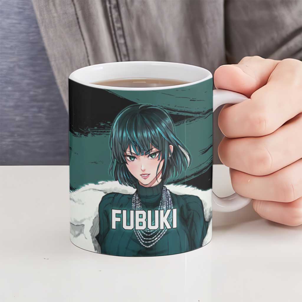 Fubuki One Punch Man Anime Teal and Black Theme Ceramic Mug with Elegant Psychic Pose and Cool Urban Style - The Mazicc