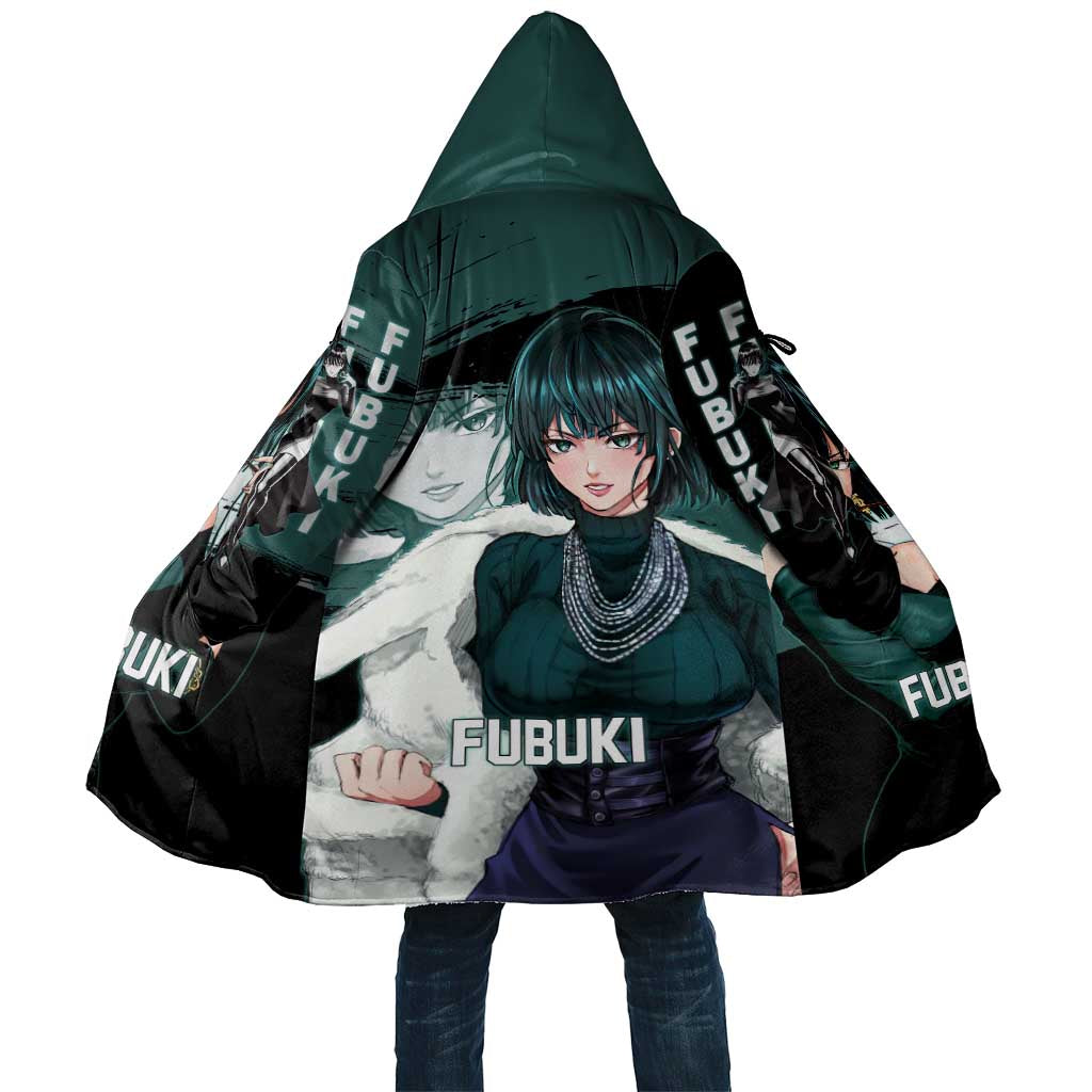 Fubuki One Punch Man Anime Teal and Black Theme Cloak with Elegant Psychic Pose and Cool Urban Style - The Mazicc