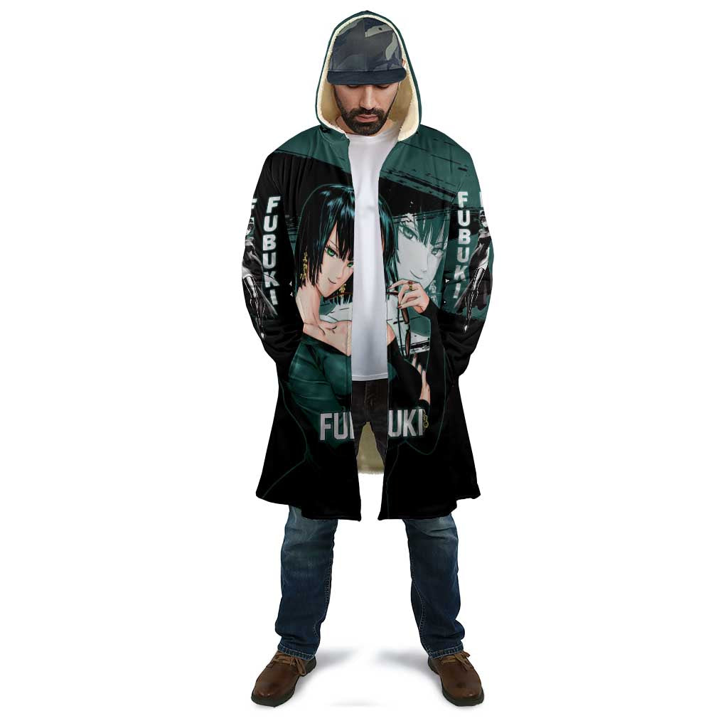 Fubuki One Punch Man Anime Teal and Black Theme Cloak with Elegant Psychic Pose and Cool Urban Style - The Mazicc