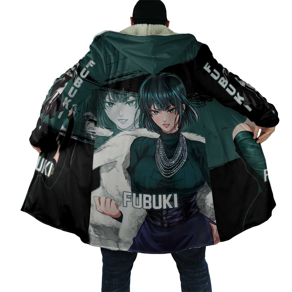 Fubuki One Punch Man Anime Teal and Black Theme Cloak with Elegant Psychic Pose and Cool Urban Style - The Mazicc