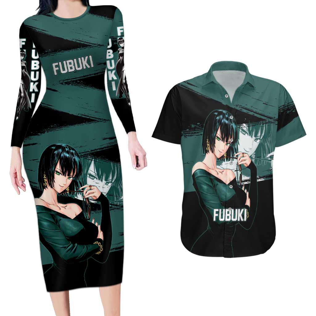 Fubuki One Punch Man Anime Teal and Black Theme Couples Matching Long Sleeve Bodycon Dress and Hawaiian Shirt with Elegant Psychic Pose and Cool Urban Style - The Mazicc