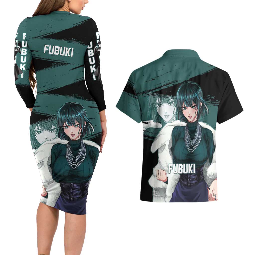 Fubuki One Punch Man Anime Teal and Black Theme Couples Matching Long Sleeve Bodycon Dress and Hawaiian Shirt with Elegant Psychic Pose and Cool Urban Style - The Mazicc