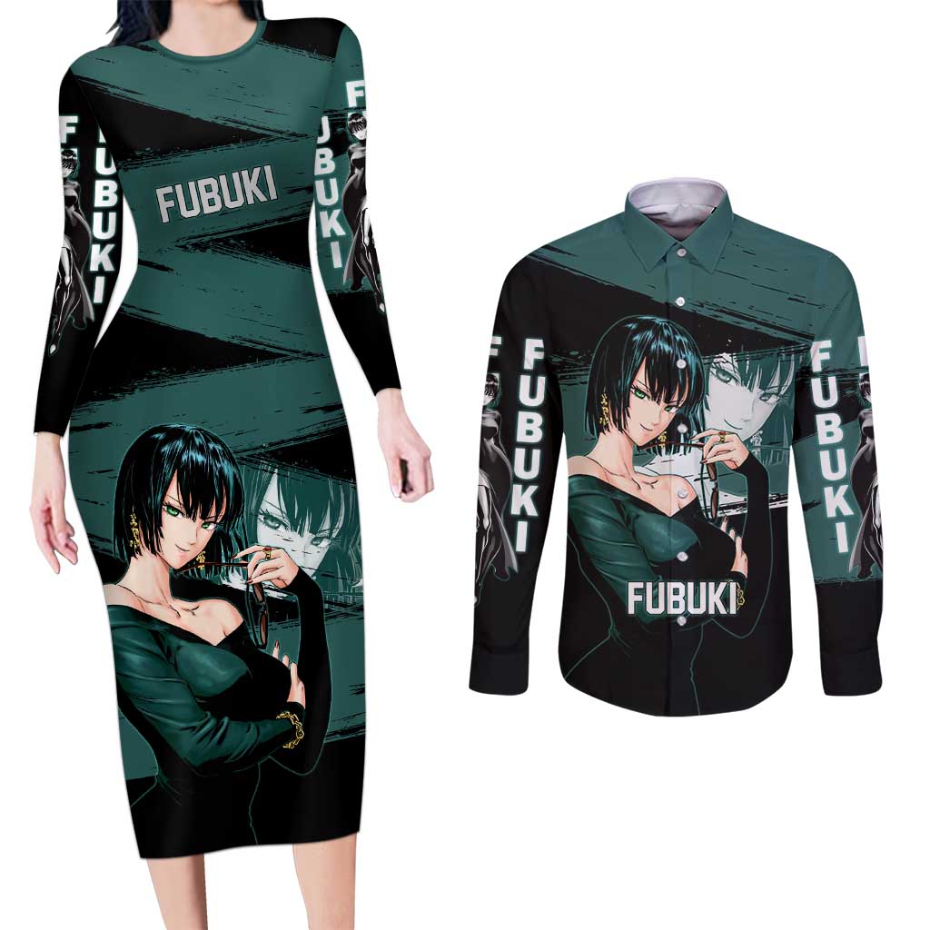 Fubuki One Punch Man Anime Teal and Black Theme Couples Matching Long Sleeve Bodycon Dress and Long Sleeve Button Shirt with Elegant Psychic Pose and Cool Urban Style - The Mazicc