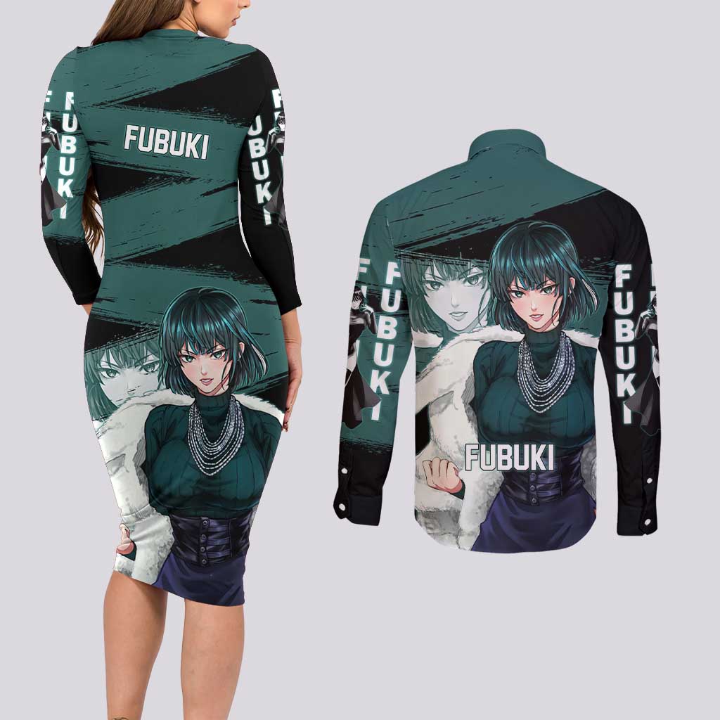 Fubuki One Punch Man Anime Teal and Black Theme Couples Matching Long Sleeve Bodycon Dress and Long Sleeve Button Shirt with Elegant Psychic Pose and Cool Urban Style - The Mazicc