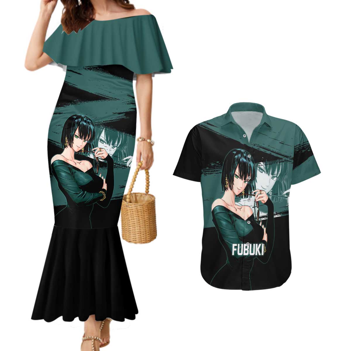 Fubuki One Punch Man Anime Teal and Black Theme Couples Matching Mermaid Dress and Hawaiian Shirt with Elegant Psychic Pose and Cool Urban Style - The Mazicc