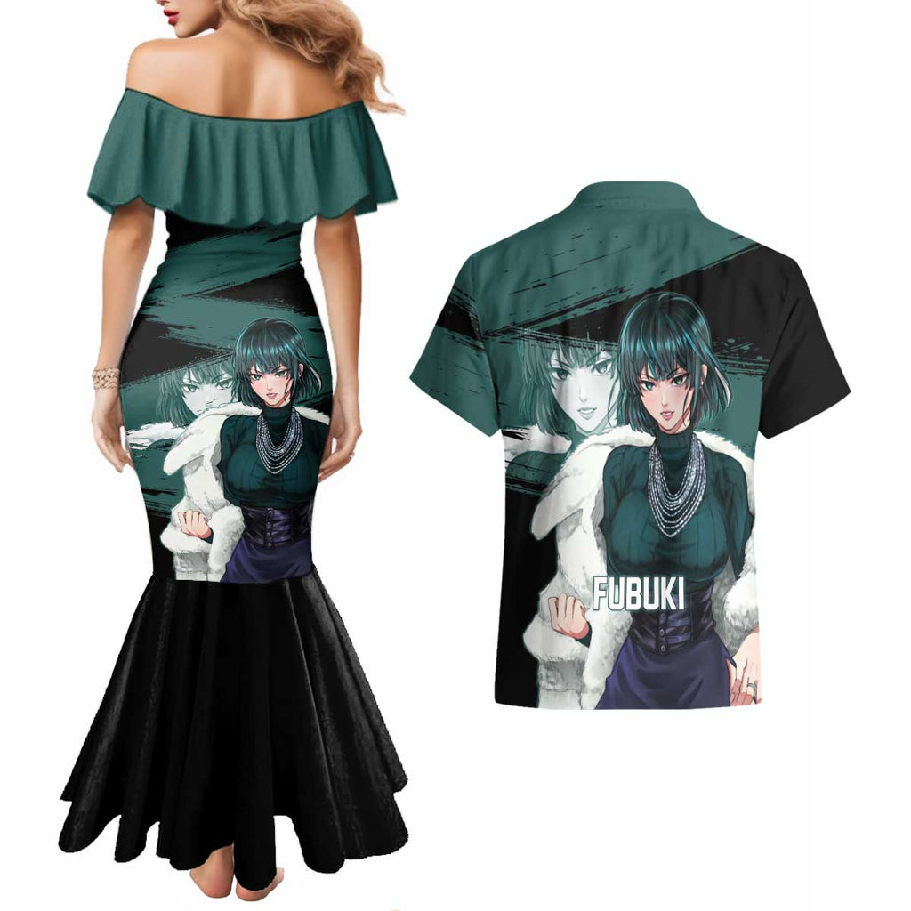 Fubuki One Punch Man Anime Teal and Black Theme Couples Matching Mermaid Dress and Hawaiian Shirt with Elegant Psychic Pose and Cool Urban Style - The Mazicc