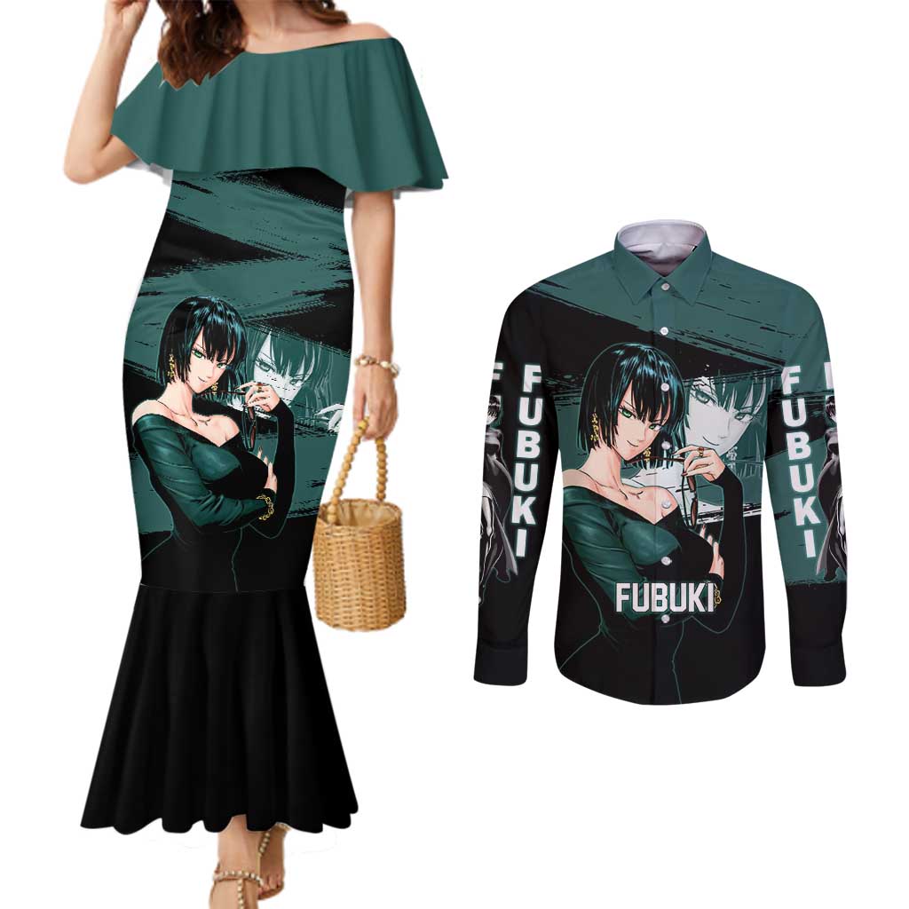 Fubuki One Punch Man Anime Teal and Black Theme Couples Matching Mermaid Dress and Long Sleeve Button Shirt with Elegant Psychic Pose and Cool Urban Style - The Mazicc