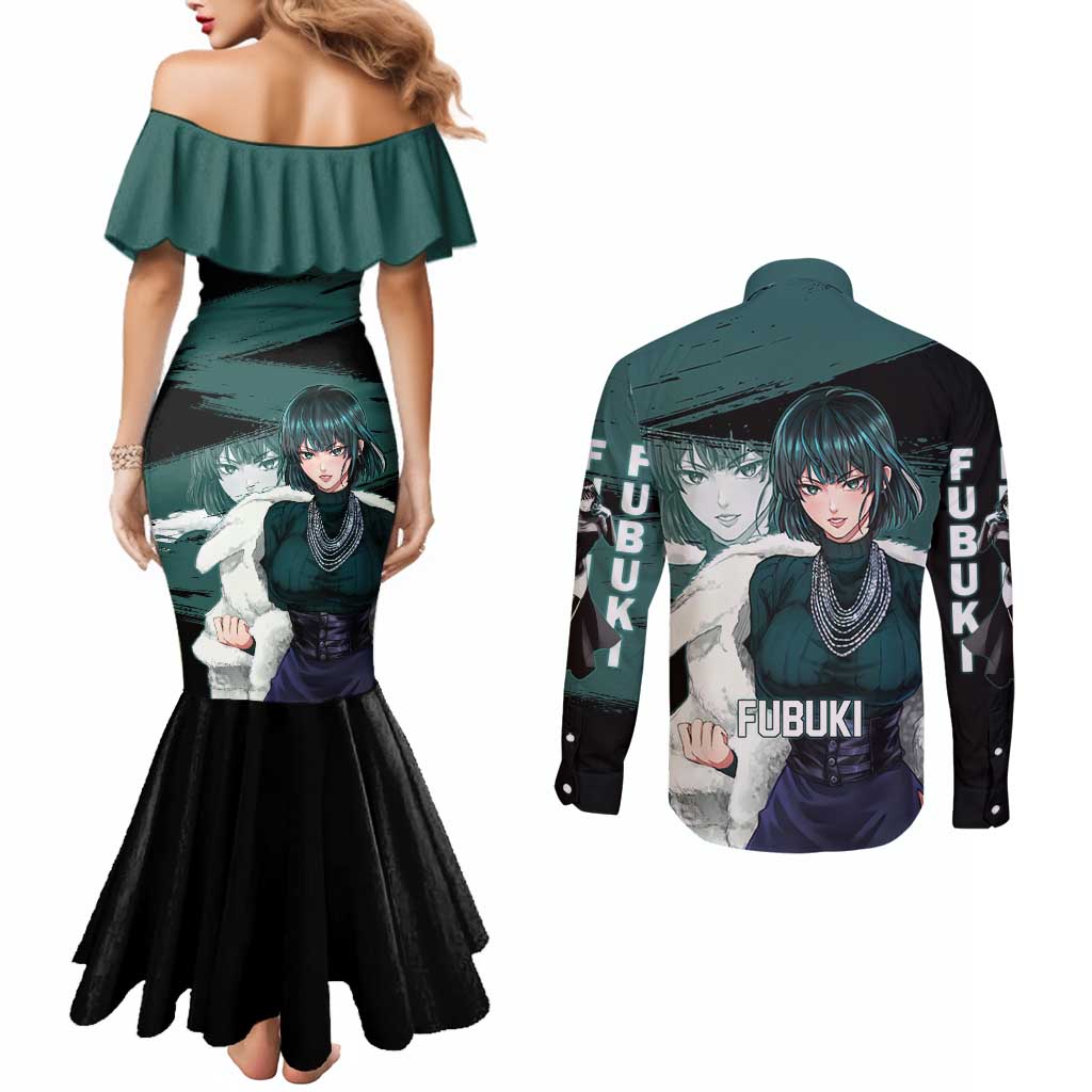 Fubuki One Punch Man Anime Teal and Black Theme Couples Matching Mermaid Dress and Long Sleeve Button Shirt with Elegant Psychic Pose and Cool Urban Style - The Mazicc